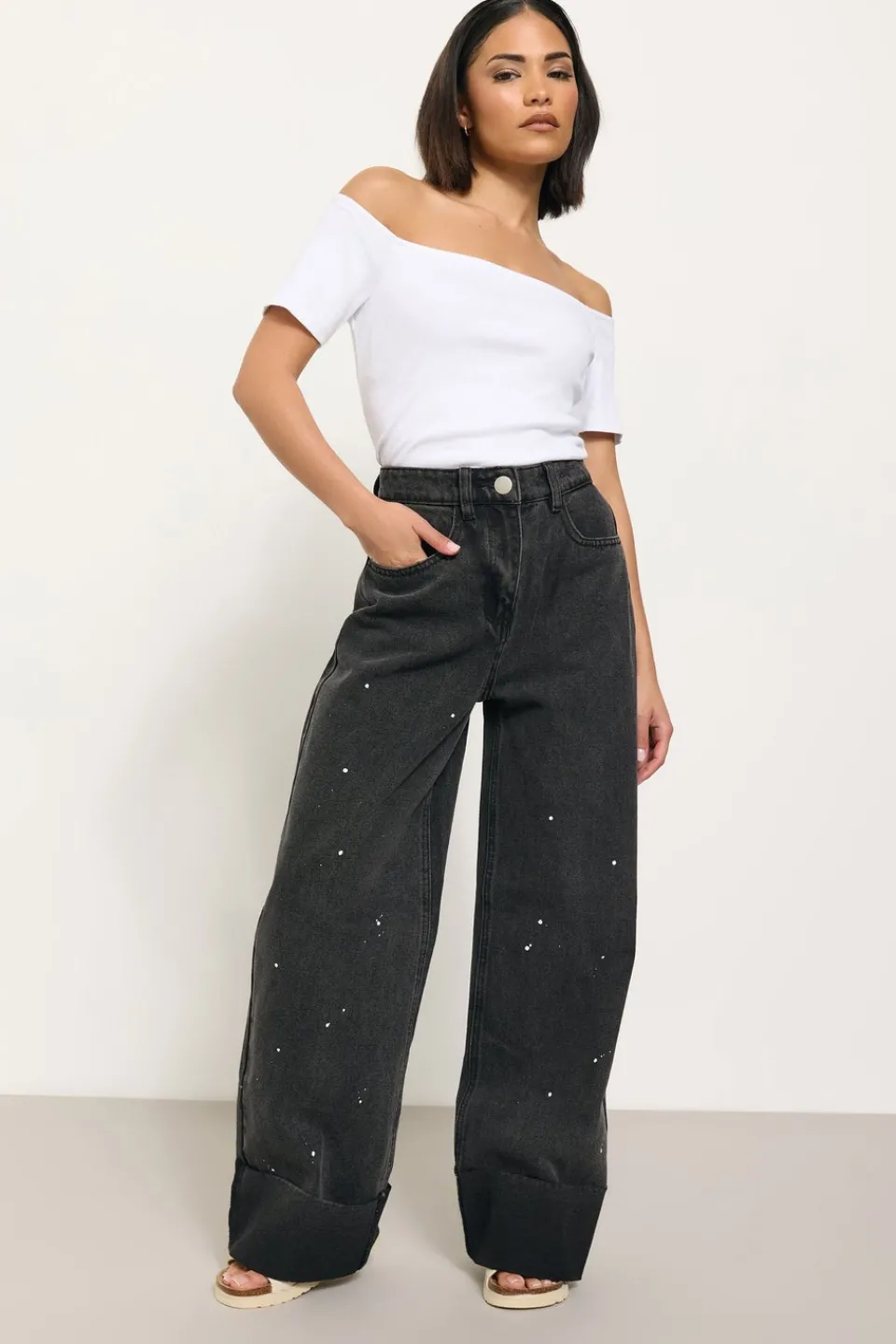 Jeans & Jeggings>PIXIEGIRL Black Paint Splatter Non-Stretch Wide Leg Jeans