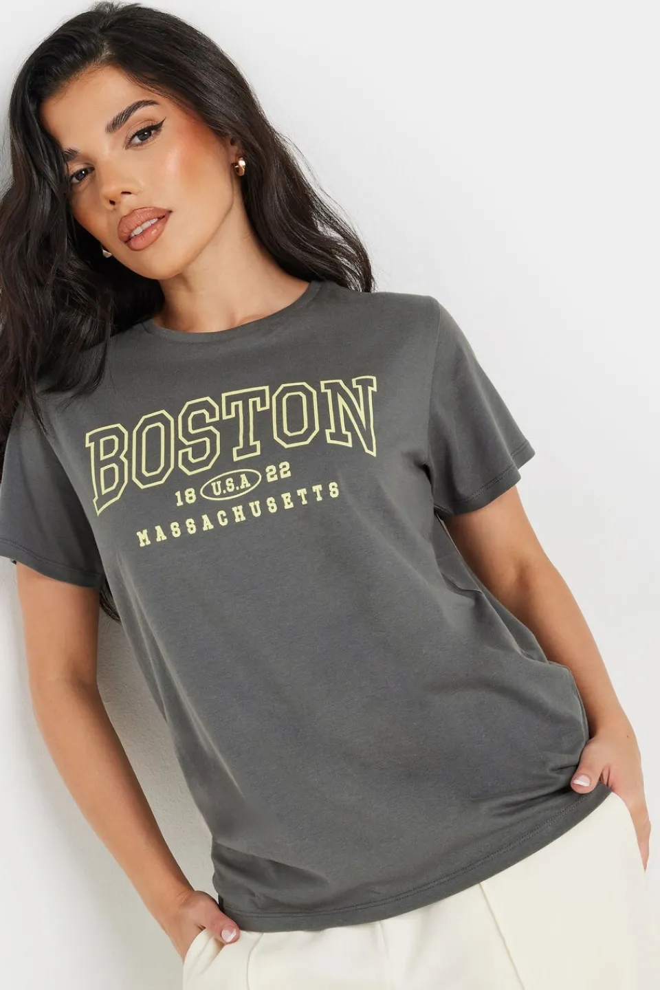 T-Shirts>PIXIEGIRL Grey Boston Slogan T-Shirt