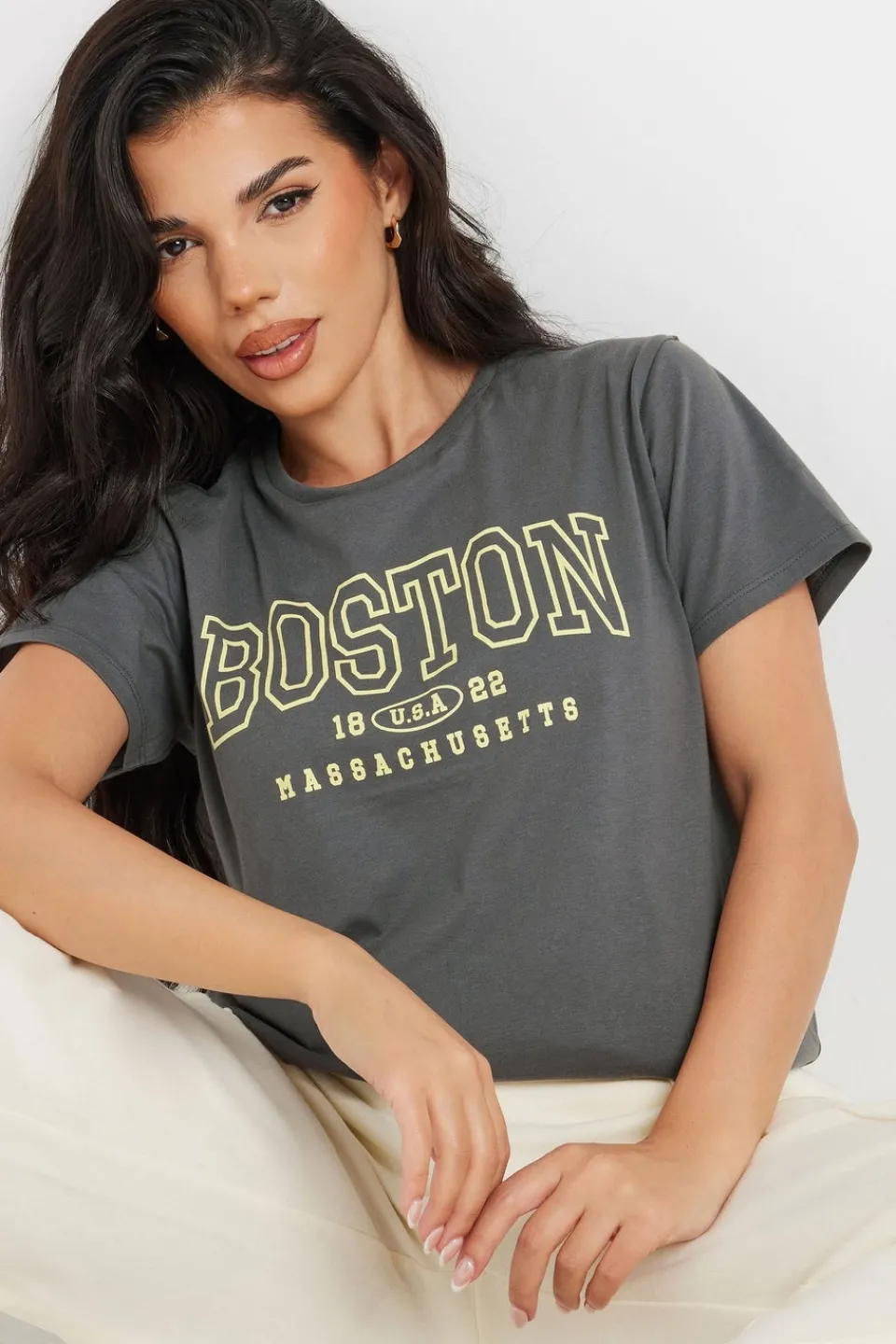 T-Shirts>PIXIEGIRL Grey Boston Slogan T-Shirt