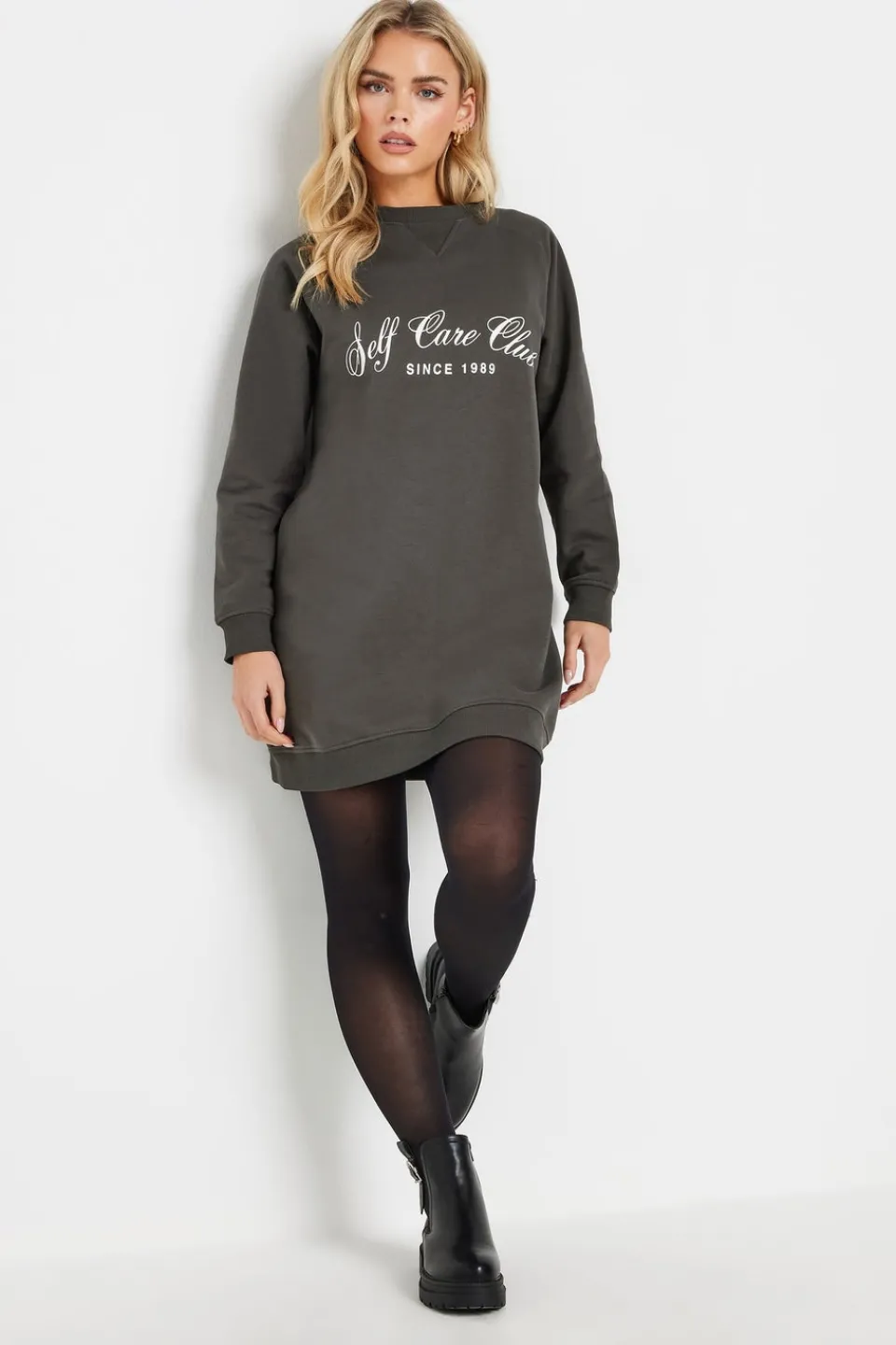 Dresses>PIXIEGIRL Grey Self Care Club Sweatshirt Dress