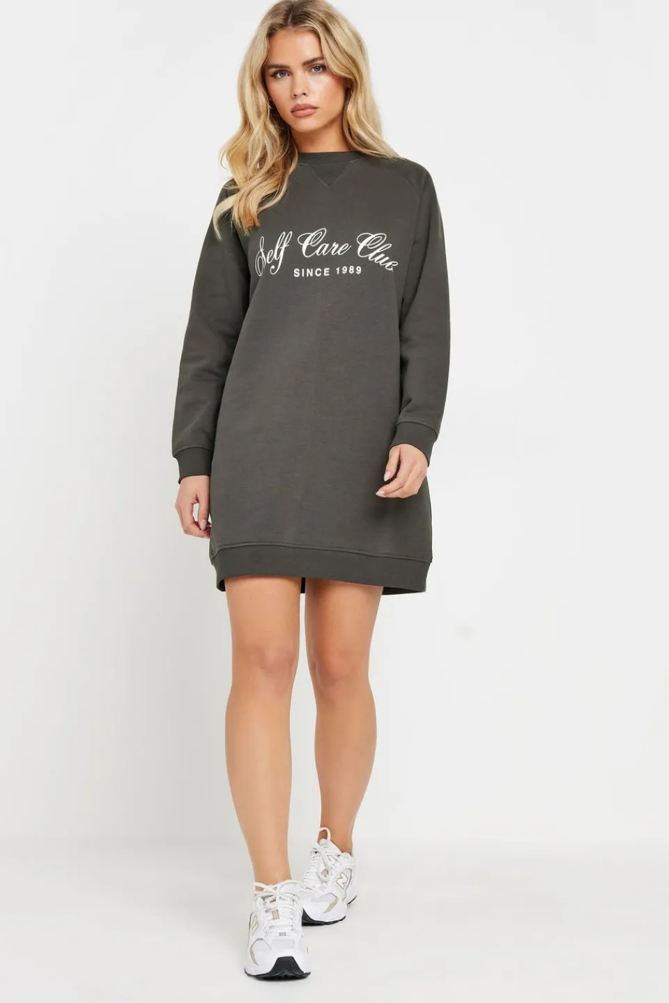 Dresses>PIXIEGIRL Grey Self Care Club Sweatshirt Dress