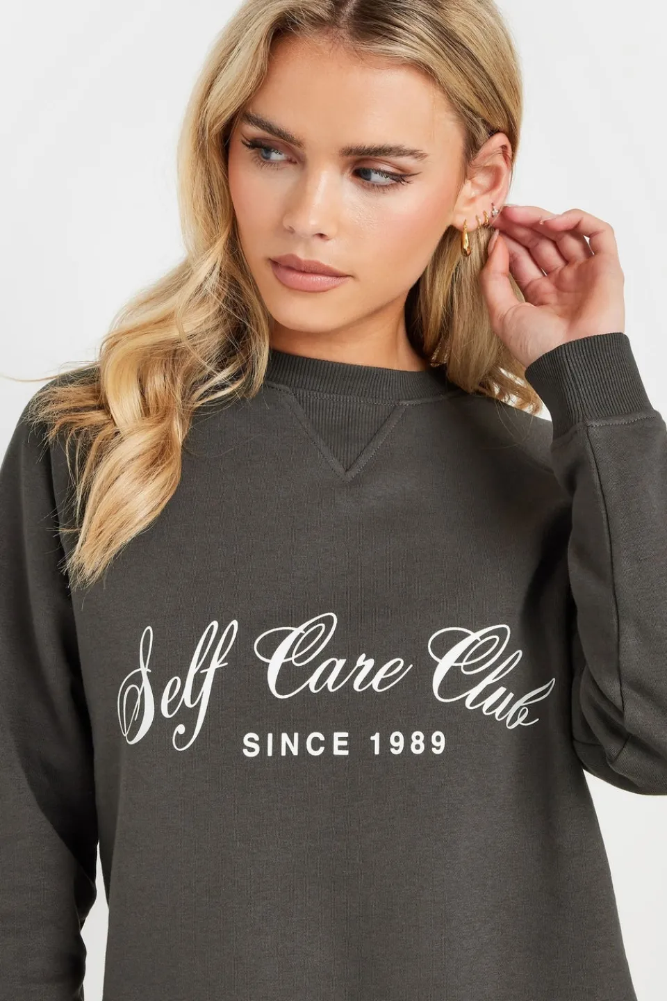 Dresses>PIXIEGIRL Grey Self Care Club Sweatshirt Dress