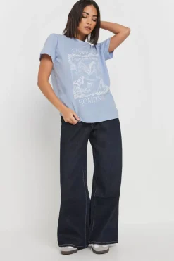 T-Shirts>PIXIEGIRL Light Blue Vintage Romance Slogan T-Shirt