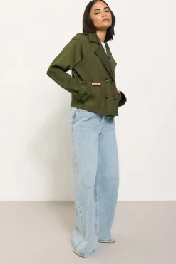 Coats & Jackets>PIXIEGIRL Olive Green Cropped Trench Duster Coat
