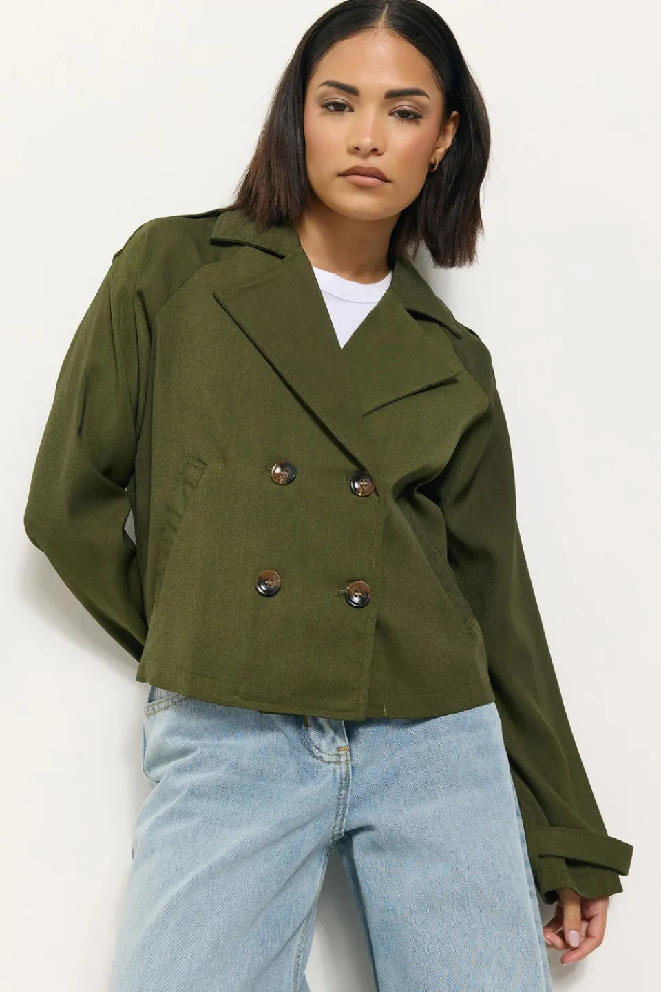 Coats & Jackets>PIXIEGIRL Olive Green Cropped Trench Duster Coat