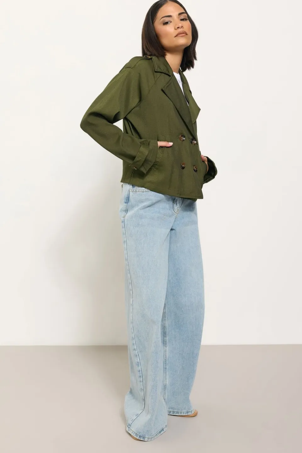 Coats & Jackets>PIXIEGIRL Olive Green Cropped Trench Duster Coat