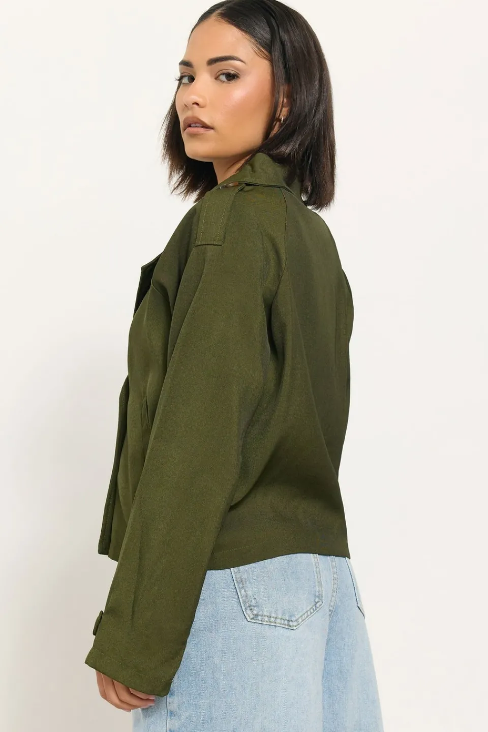 Coats & Jackets>PIXIEGIRL Olive Green Cropped Trench Duster Coat
