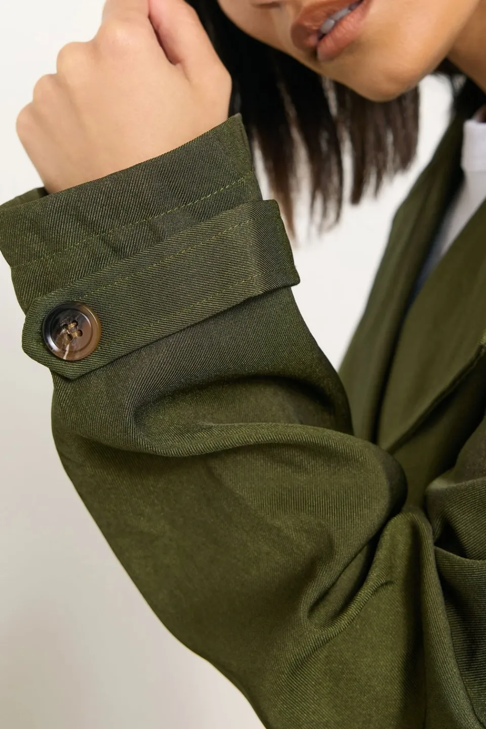 Coats & Jackets>PIXIEGIRL Olive Green Cropped Trench Duster Coat
