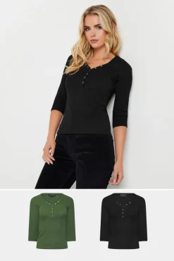 T-Shirts>PIXIEGIRL Petite 2 Pack Black & Khaki Green Button Henley Tops