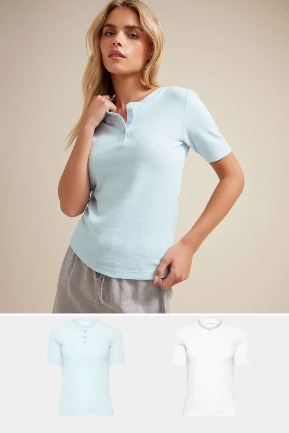 T-Shirts>PIXIEGIRL Petite 2 Pack Light Blue & White Waffle Henley T-Shirts