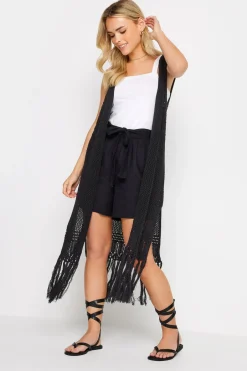 Tops>PIXIEGIRL Petite Black Crochet Longline Waistcoat