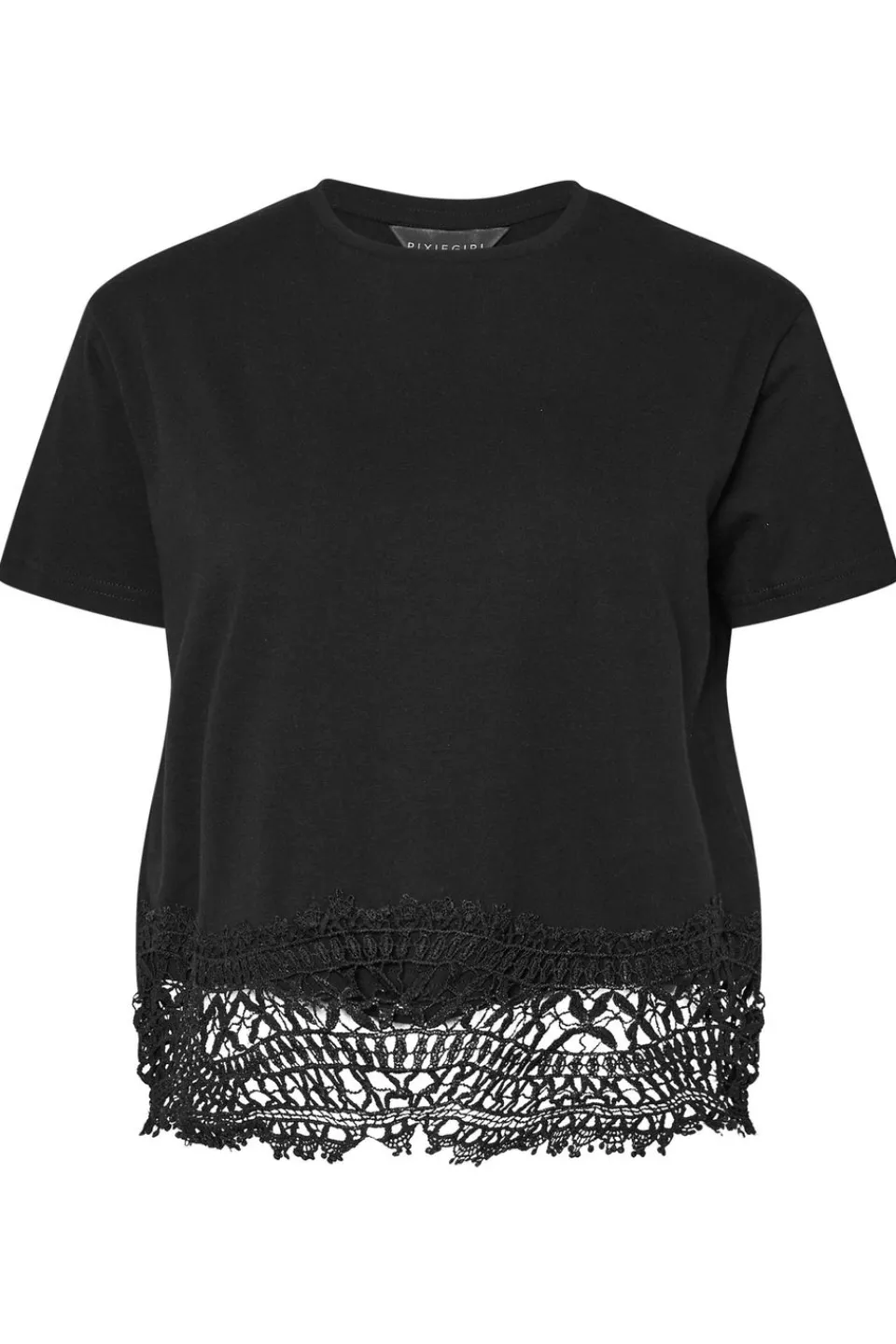 Tops>PIXIEGIRL Petite Black Crochet Hemline T-Shirt