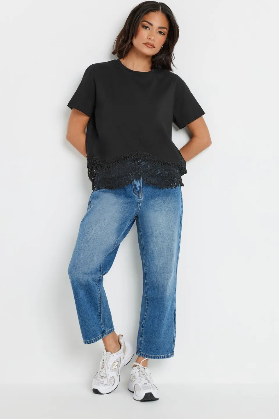 Tops>PIXIEGIRL Petite Black Crochet Hemline T-Shirt