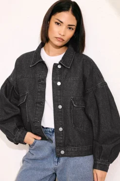 Coats & Jackets>PIXIEGIRL Petite Black Denim Balloon Sleeve Jacket