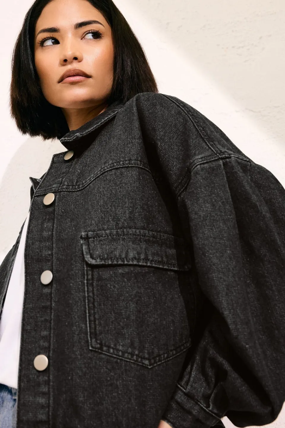 Coats & Jackets>PIXIEGIRL Petite Black Denim Balloon Sleeve Jacket