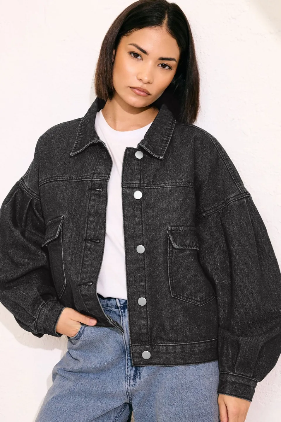 Coats & Jackets>PIXIEGIRL Petite Black Denim Balloon Sleeve Jacket