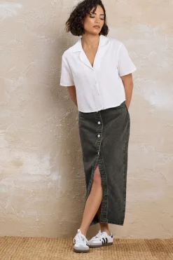 Skirts>PIXIEGIRL Petite Black Denim Button Midi Skirt