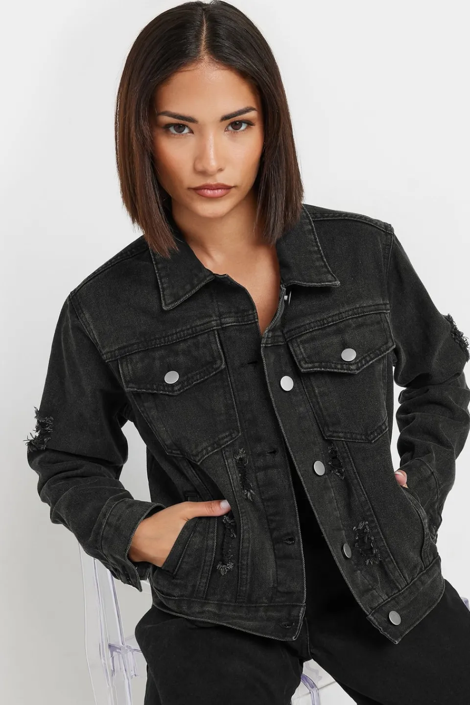 Coats & Jackets>PIXIEGIRL Petite Black Distressed Denim Jacket