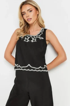 Tops>PIXIEGIRL Petite Black Embroidered Sleeveless Top