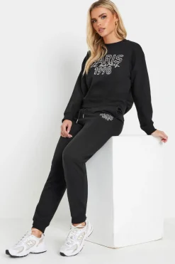 Trousers>PIXIEGIRL Petite Black Jersey 'Paris' Slogan Cuffed Joggers