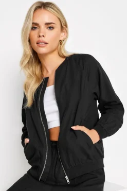Coats & Jackets>PIXIEGIRL Petite Black Linen Bomber Jacket