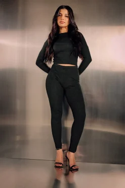 Leggings>PIXIEGIRL Petite Black Metallic Ribbed Leggings