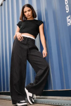 Trousers>PIXIEGIRL Petite Black Pinstripe Contrast Waist Trousers