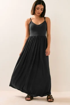 Dresses>PIXIEGIRL Petite Black Ribbed Strappy Maxi Dress