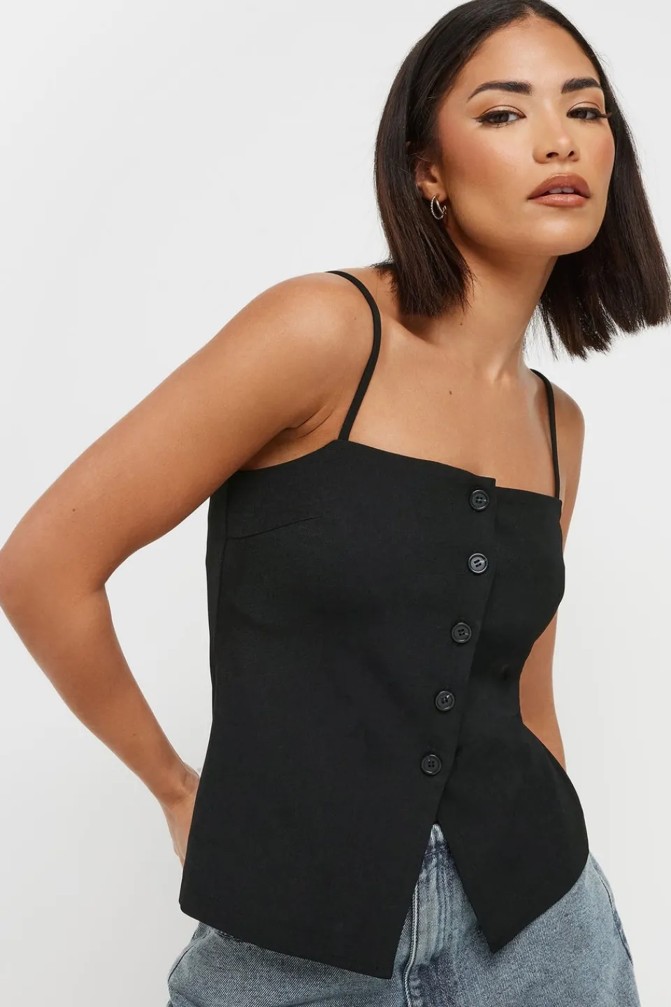 Tops>PIXIEGIRL Petite Black Structured Button Vest Top