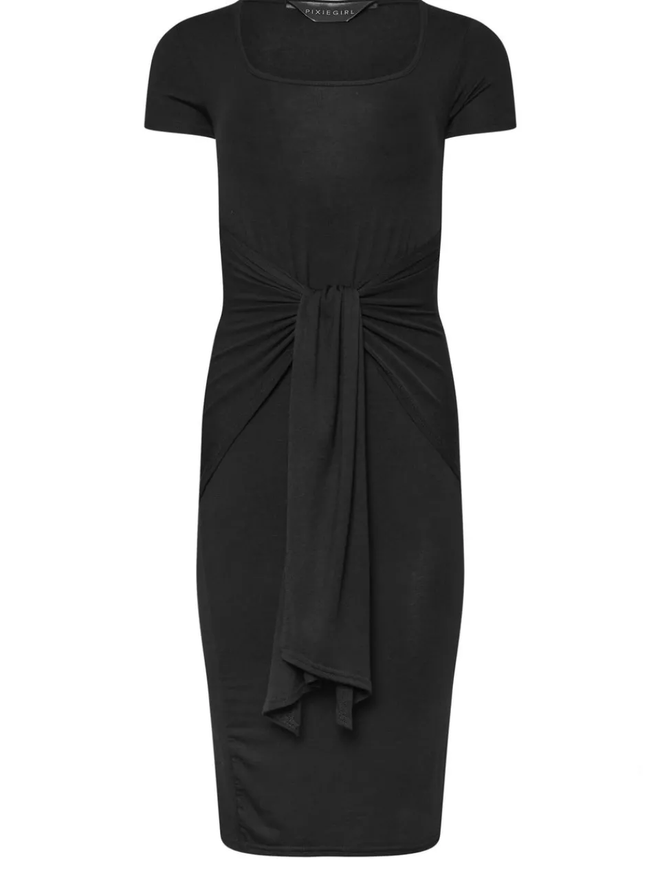 Dresses>PIXIEGIRL Petite Black Tie Front Bodycon Midi Dress