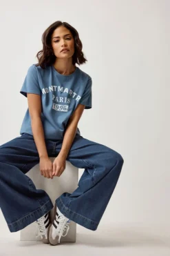 T-Shirts>PIXIEGIRL Petite Blue Acid Wash Slogan T-Shirt