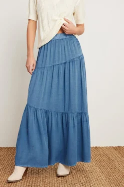 Skirts>PIXIEGIRL Petite Asymmetric Tiered Maxi Skirt Blue