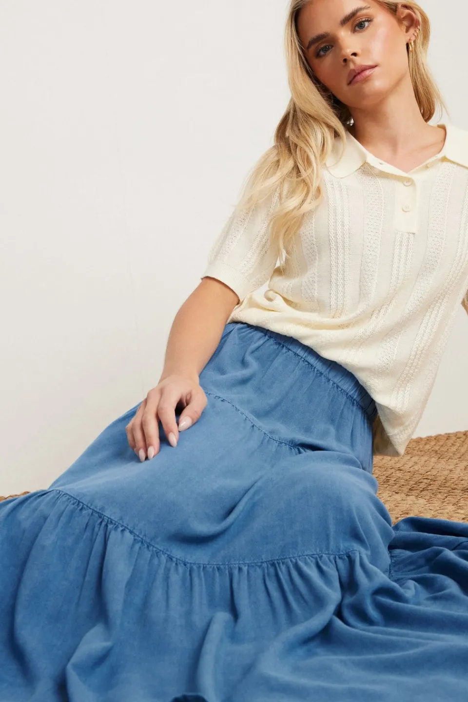 Skirts>PIXIEGIRL Petite Asymmetric Tiered Maxi Skirt Blue