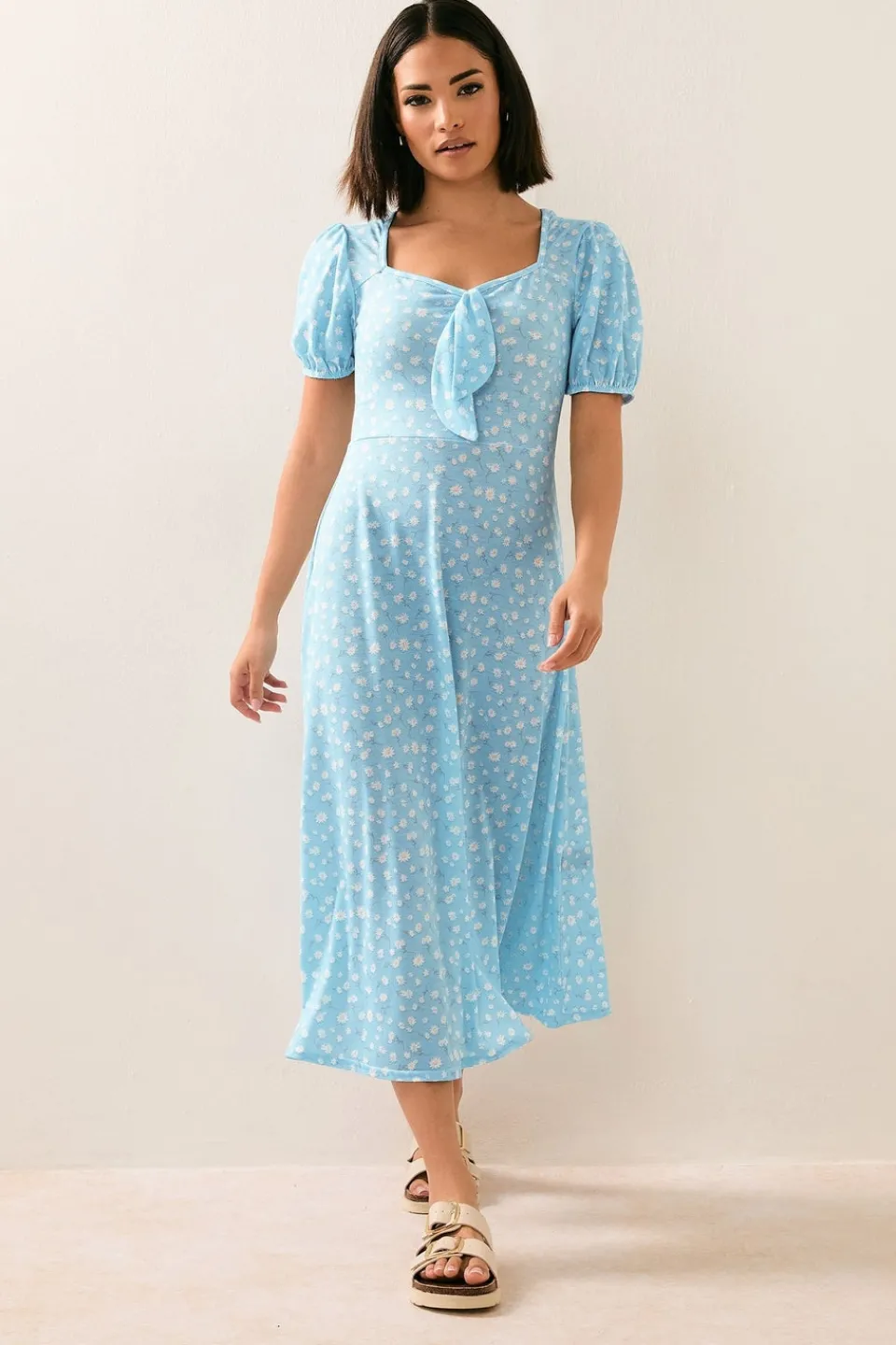 Dresses>PIXIEGIRL Petite Blue Daisy Floral Tie Front Midi Dress