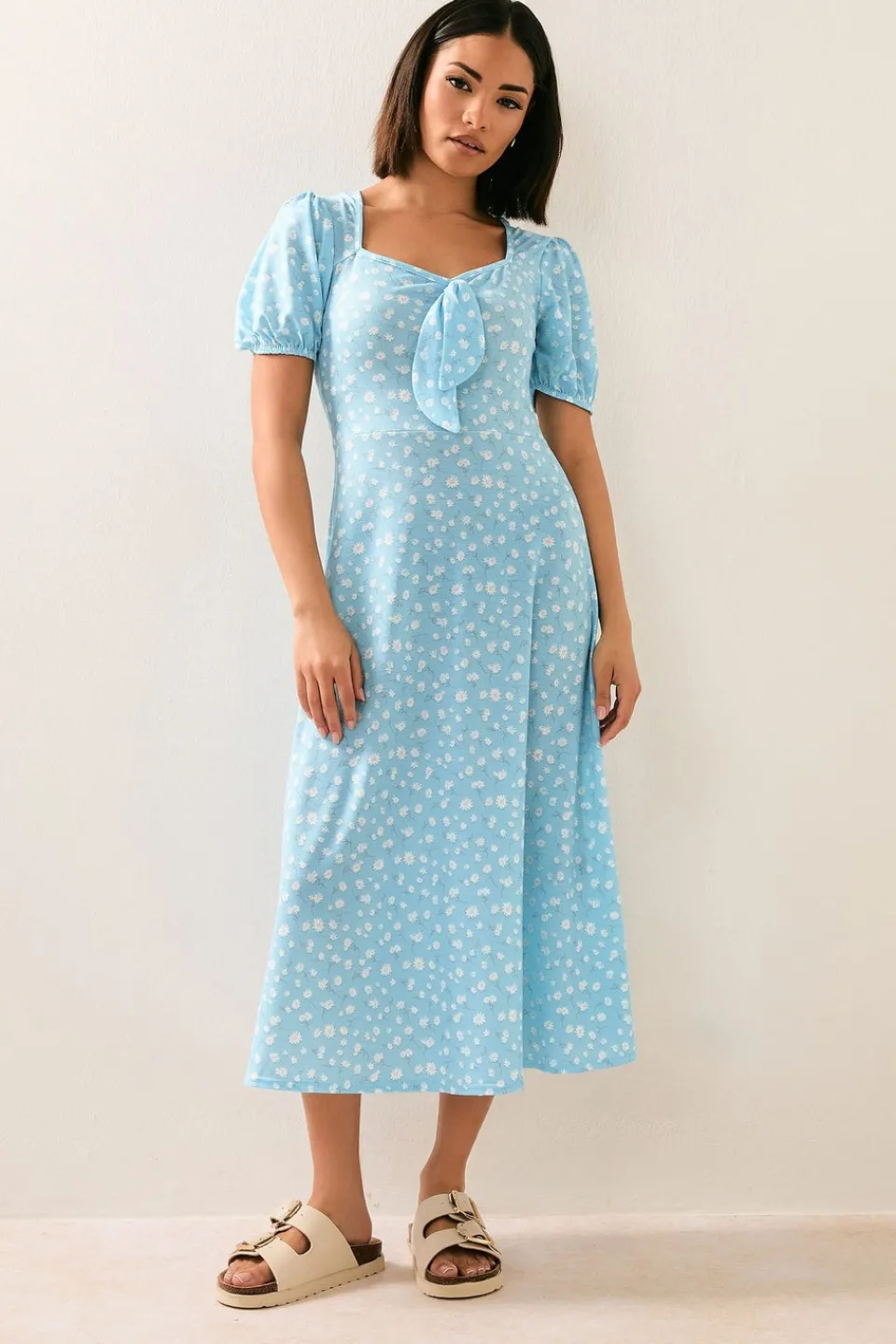 Dresses>PIXIEGIRL Petite Blue Daisy Floral Tie Front Midi Dress