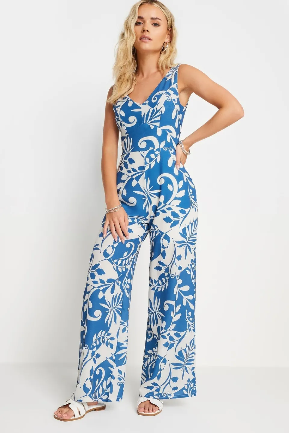 Jumpsuits & Playsuits>PIXIEGIRL Petite Blue Leaf Print Wide Leg Jumpsuit