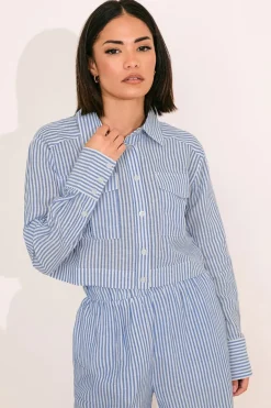 Tops>PIXIEGIRL Petite Blue Linen Striped Pocket Shirt