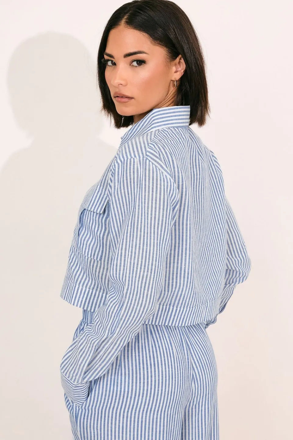 Tops>PIXIEGIRL Petite Blue Linen Striped Pocket Shirt