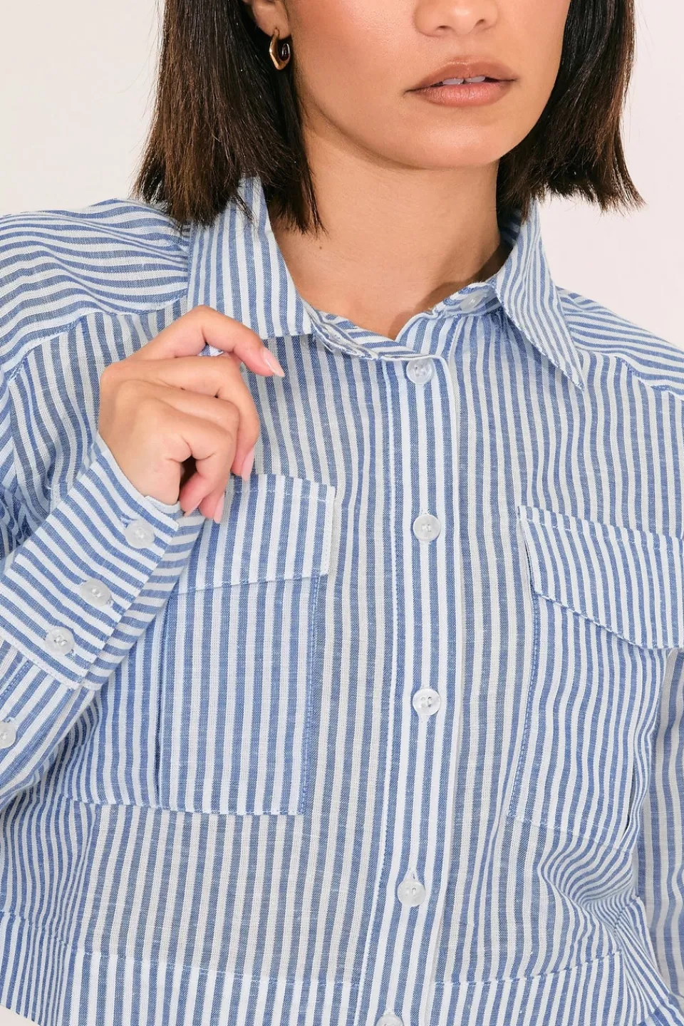 Tops>PIXIEGIRL Petite Blue Linen Striped Pocket Shirt