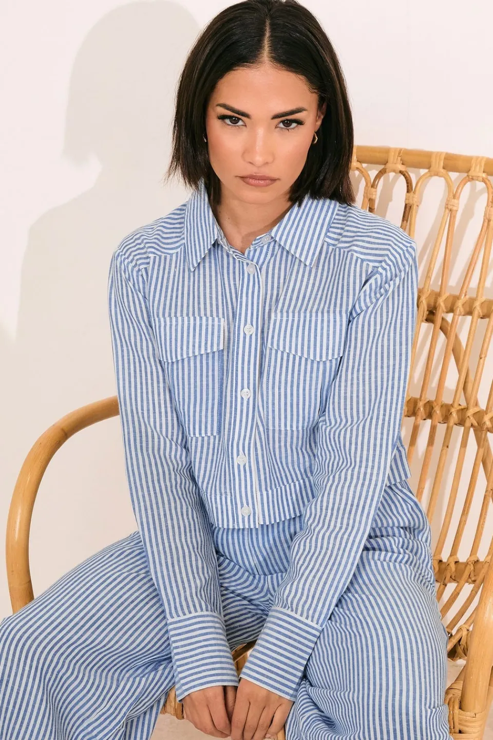 Tops>PIXIEGIRL Petite Blue Linen Striped Pocket Shirt