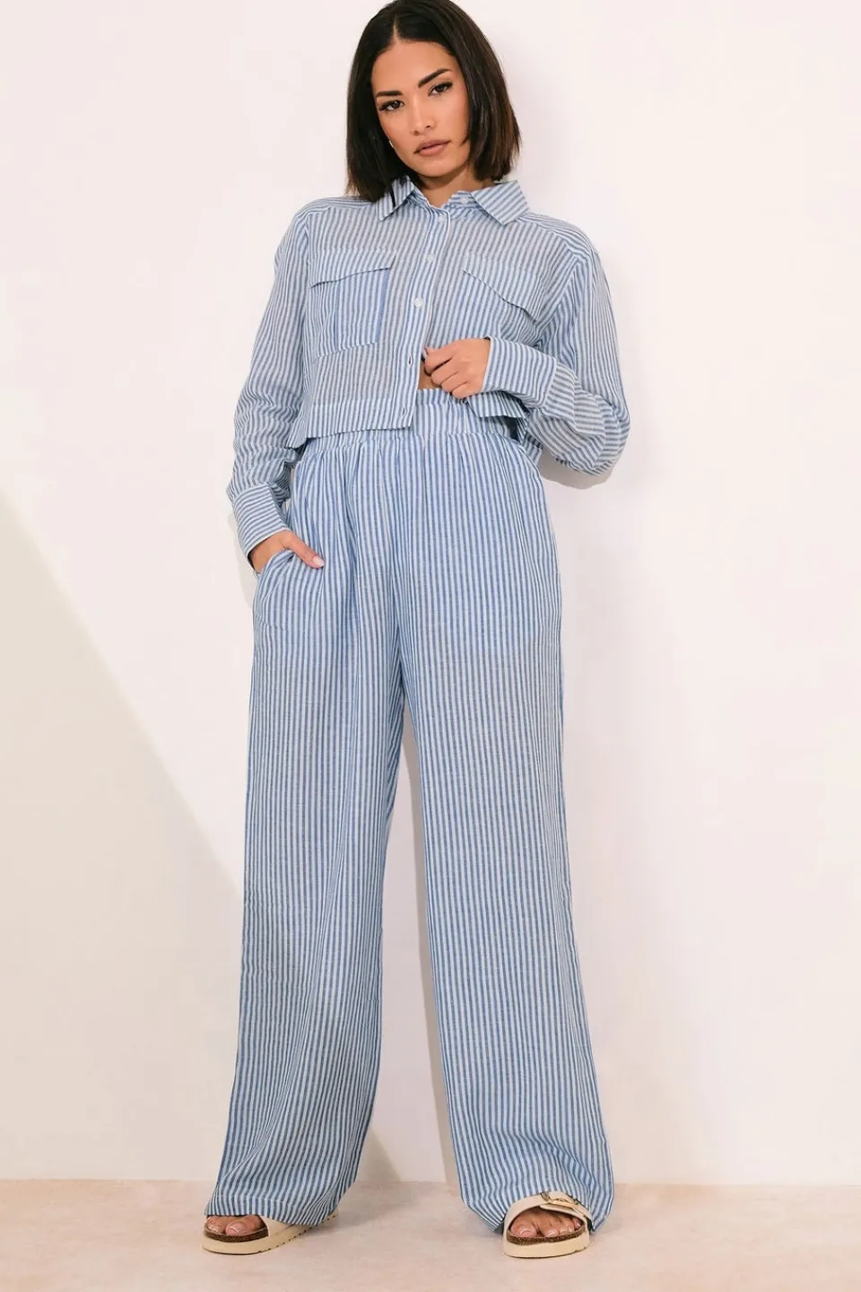 Tops>PIXIEGIRL Petite Blue Linen Striped Pocket Shirt