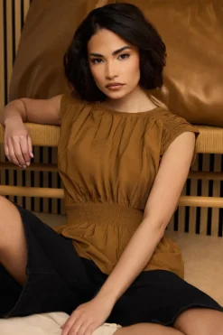 Tops>PIXIEGIRL Petite Brown Woven Shirred Waist Top