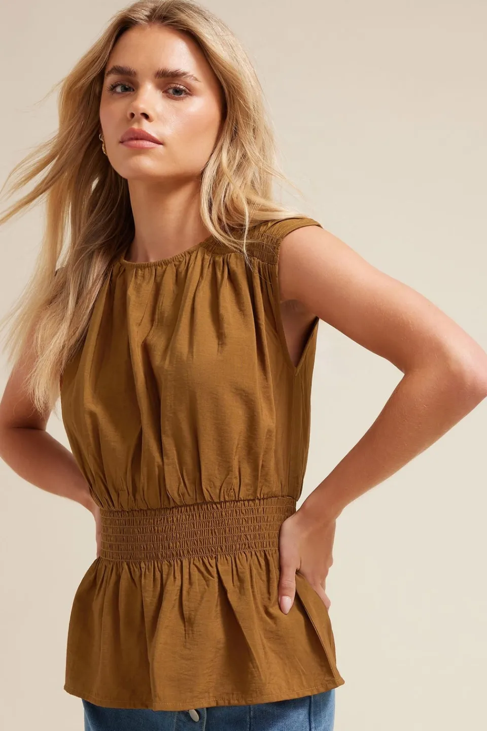 Tops>PIXIEGIRL Petite Brown Woven Shirred Waist Top
