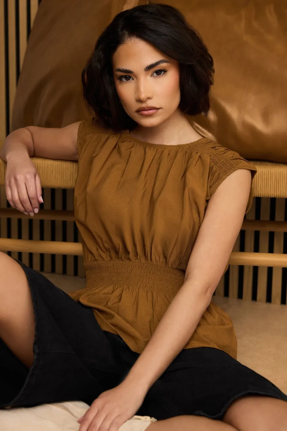 Tops>PIXIEGIRL Petite Brown Woven Shirred Waist Top