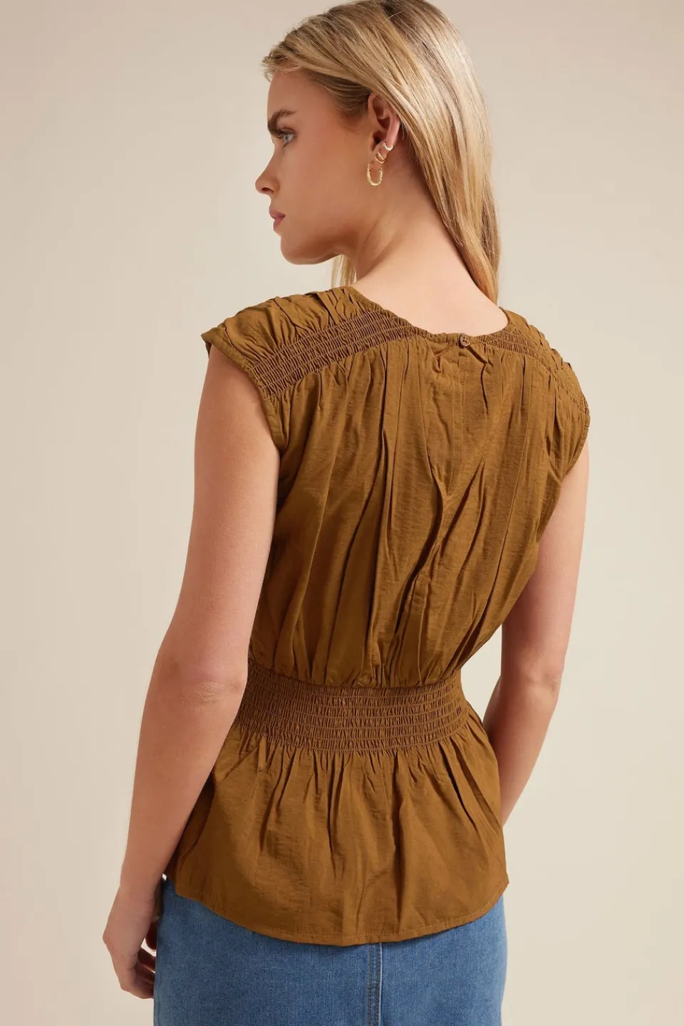 Tops>PIXIEGIRL Petite Brown Woven Shirred Waist Top