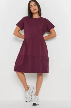 Dresses>PIXIEGIRL Petite Burgundy Red Tiered Smock Dress