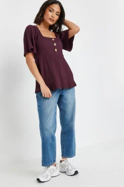 T-Shirts>PIXIEGIRL Petite Burgundy Red Ribbed Smock Top