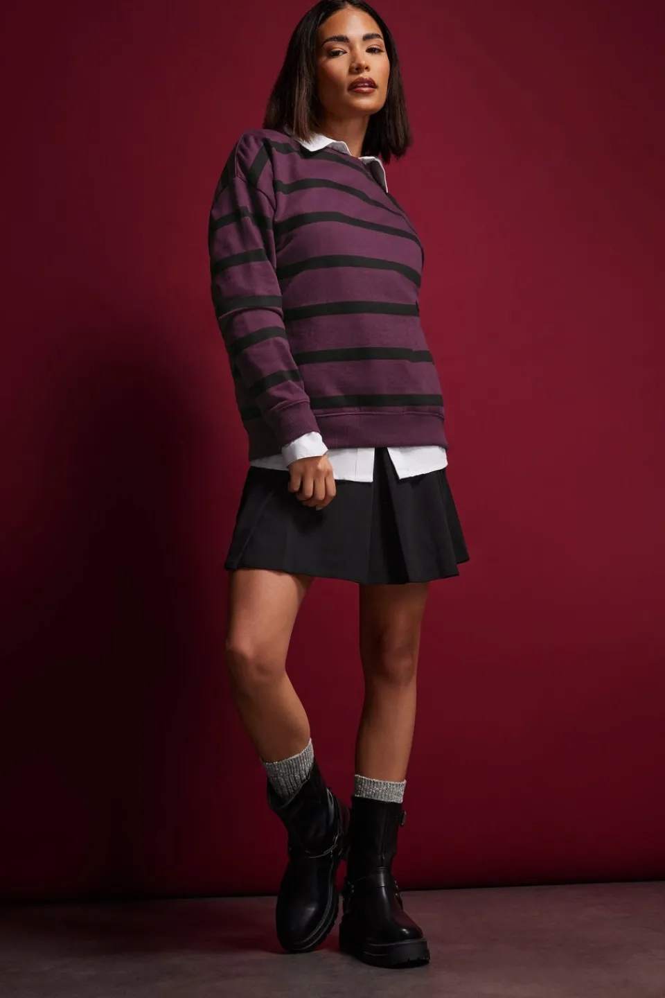 Tops>PIXIEGIRL Petite Burgundy Red Stripe Sweatshirt