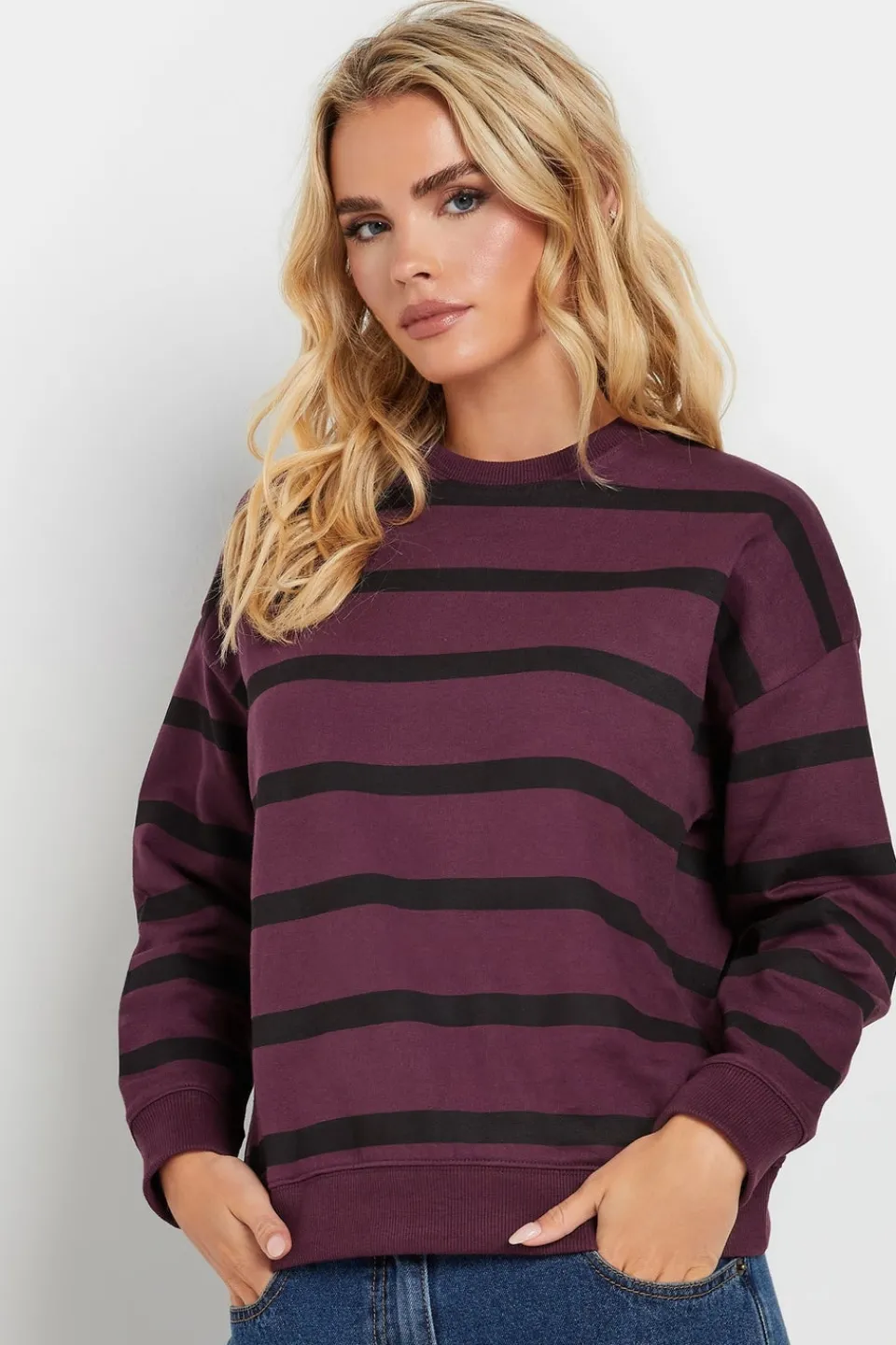 Tops>PIXIEGIRL Petite Burgundy Red Stripe Sweatshirt