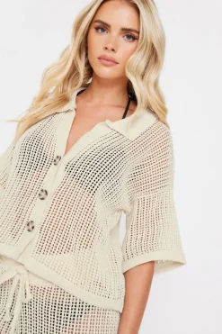 Tops>PIXIEGIRL Petite Cream Crochet Short Sleeve Shirt